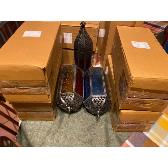 9 Pc Wedding Lot Copper Moroccan Lantern Metal Cutouts Decor 10" Tall MULTICOLOR - Picture 3 of 9